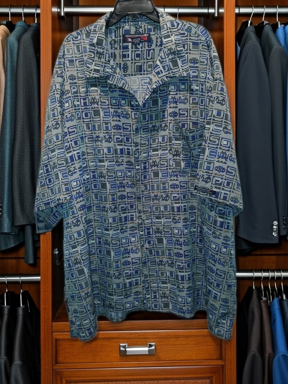 South Pole Short-Sleeve Shirt Jacket in Blue and Gray Geometric Print Size 4XL